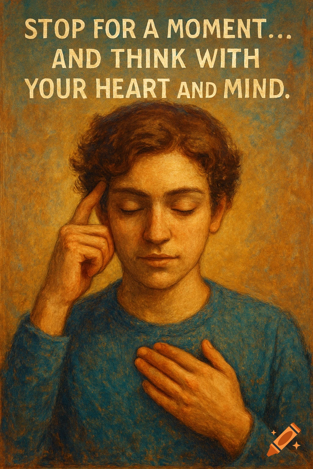 Painterly illustration of a person with closed eyes, hand on head and chest, with inspirational text.