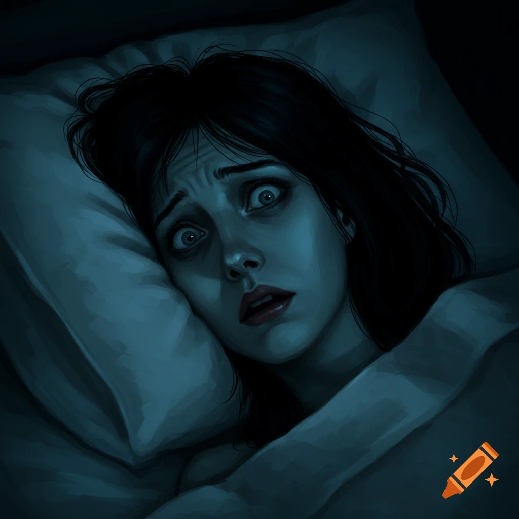 Digital painting of a scared woman lying in bed with eyes wide open.