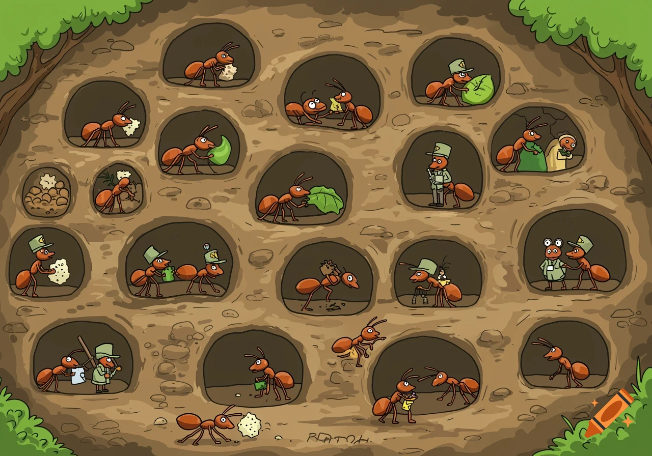 Cartoon illustration of busy ants carrying items in an ant colony.