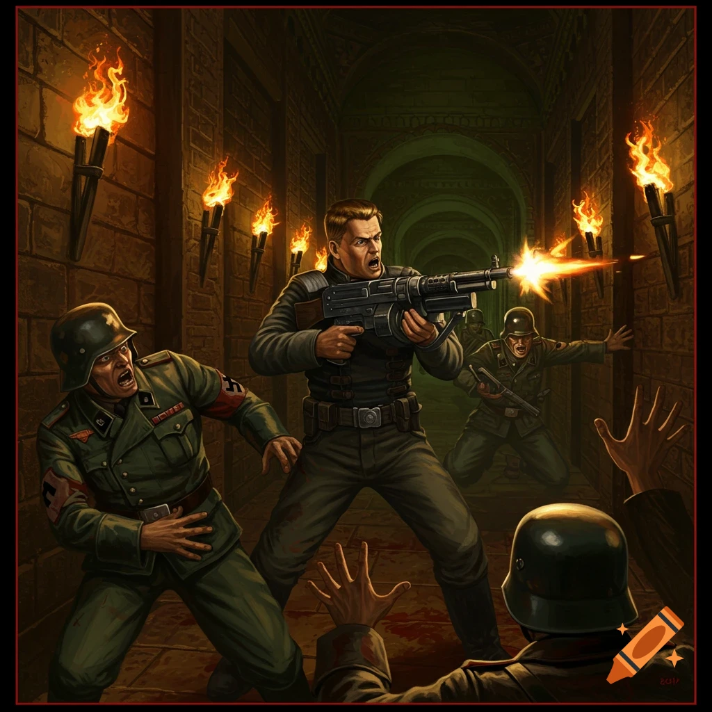 Illustrative scene of soldiers in a torchlit corridor, one firing a weapon at others.