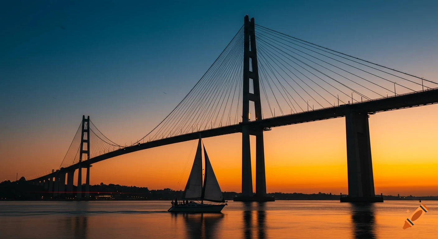 A sailboat passes under a large suspension bridge at sunset.