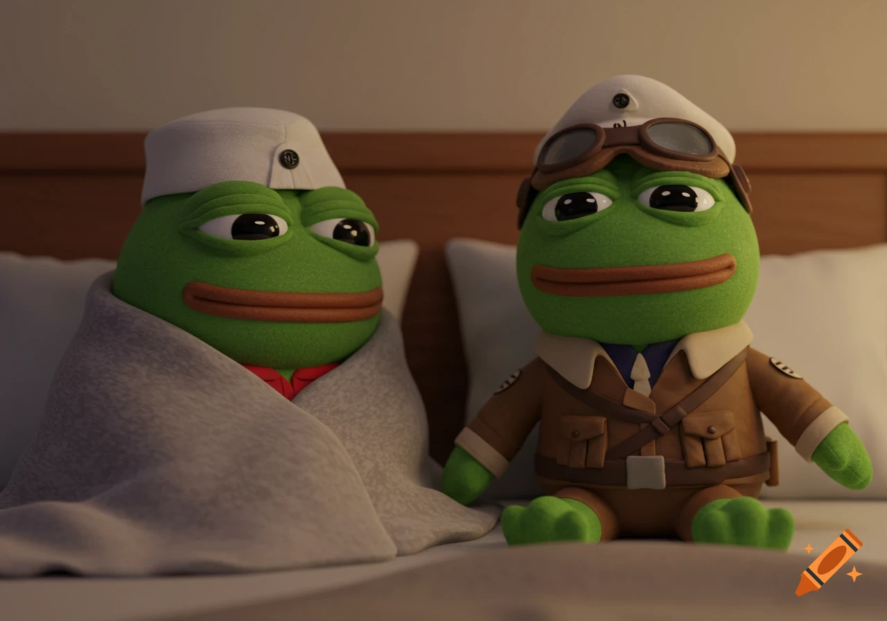 Two Pepe the Frog plushies sit on a bed. One is wrapped in a blanket, the other wears a pilot's uniform.