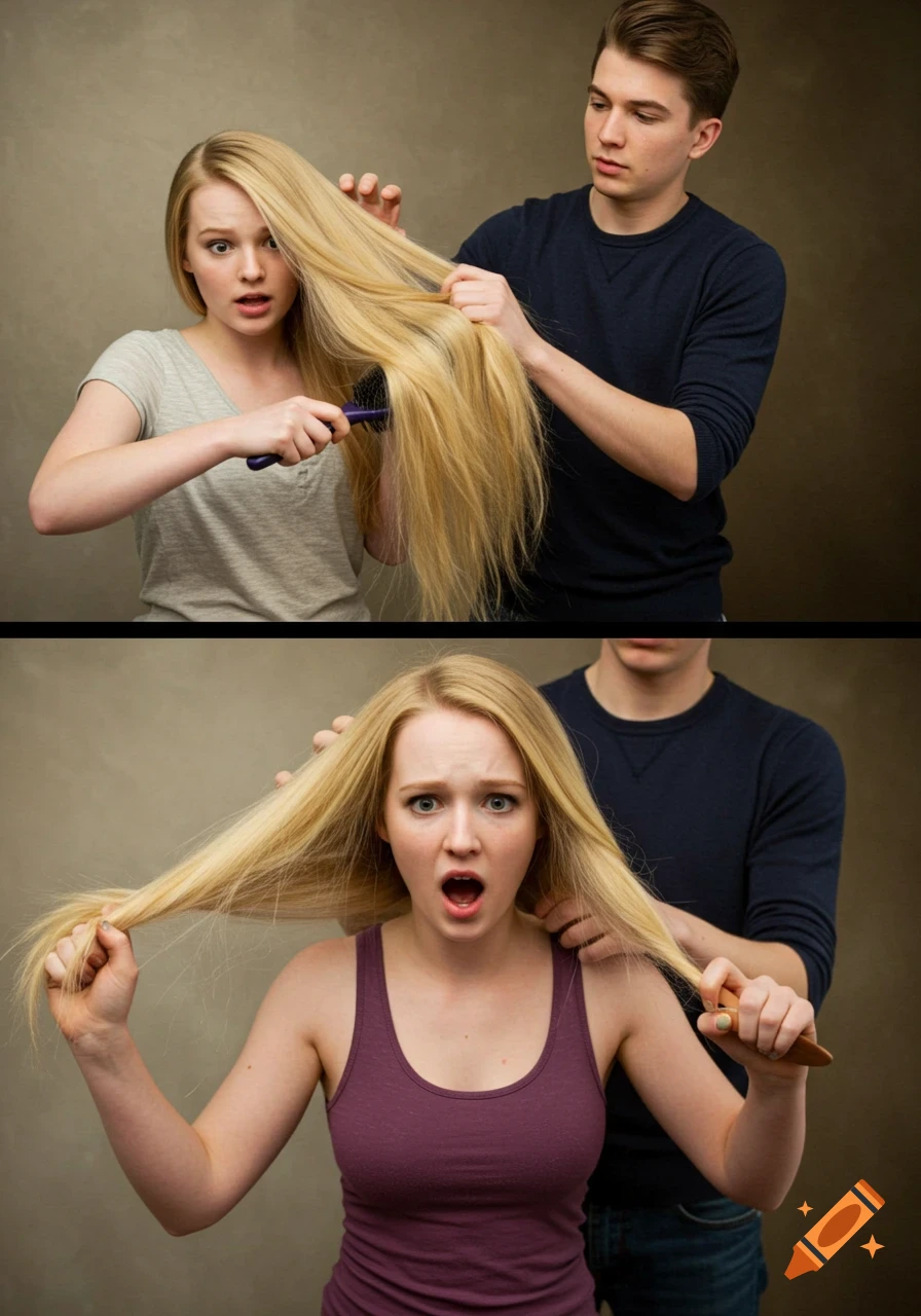 Two panels: A woman struggles to brush her excessively long blonde hair while a man assists. She looks distressed as it keeps growing.