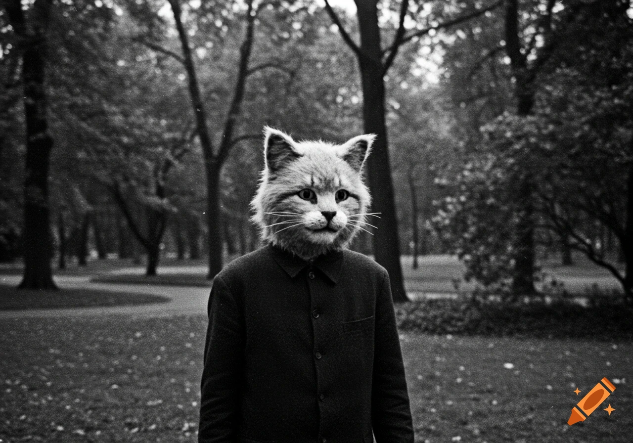 Person wearing a cat head mask in a grainy black and white photo taken in a park.