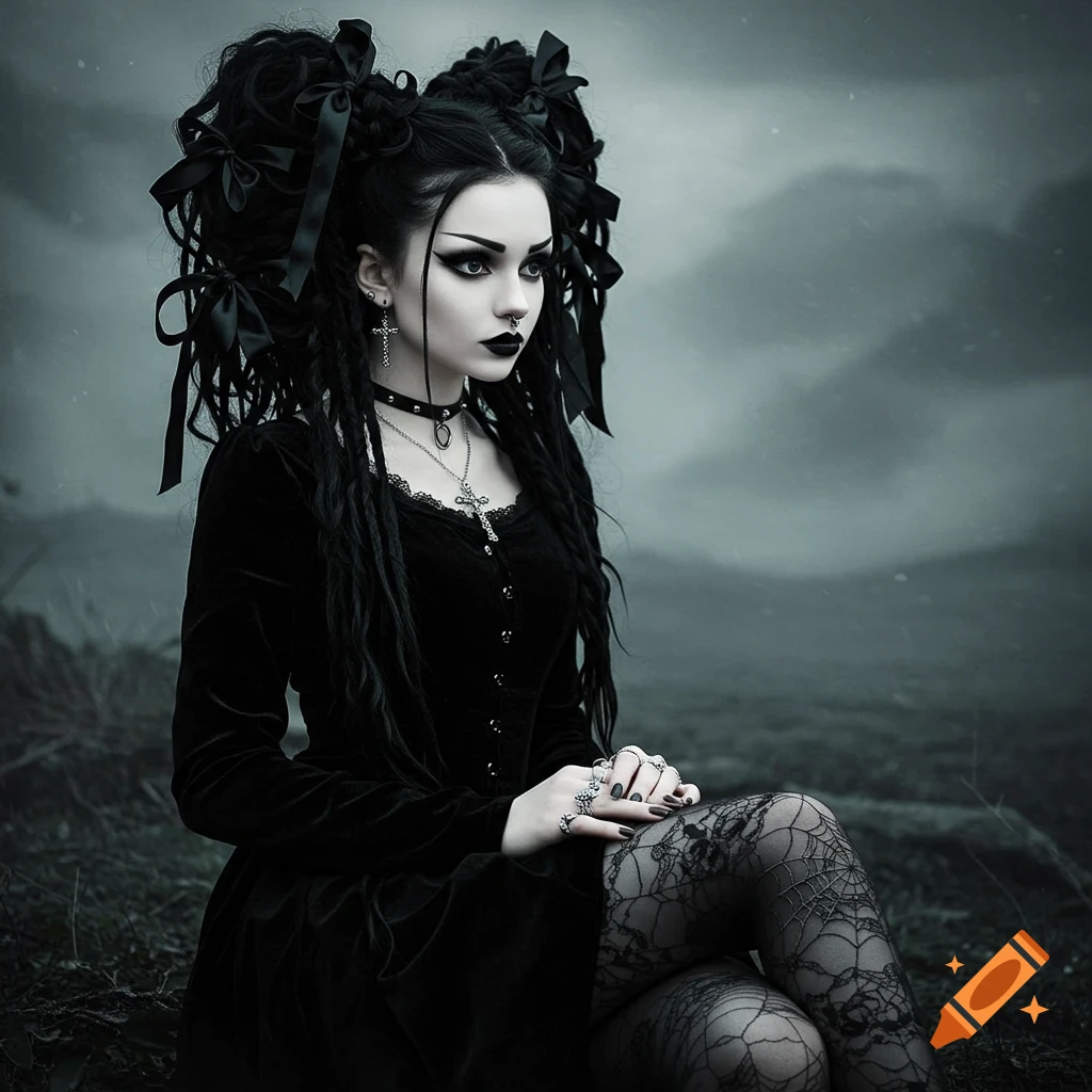 A gothic woman with dark hair and makeup sits outdoors in a black dress and lace stockings.