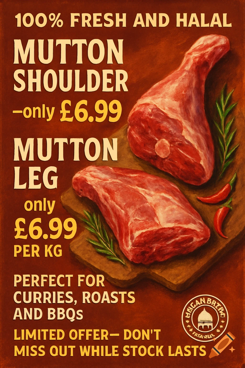 A promotional poster for mutton shoulder and leg, showing cuts of raw meat on a board with rosemary and chilies.