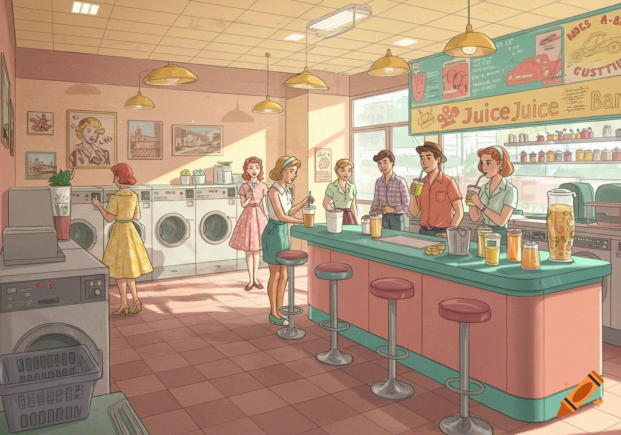 Retro illustration of a juice bar inside a laundry mat with people.