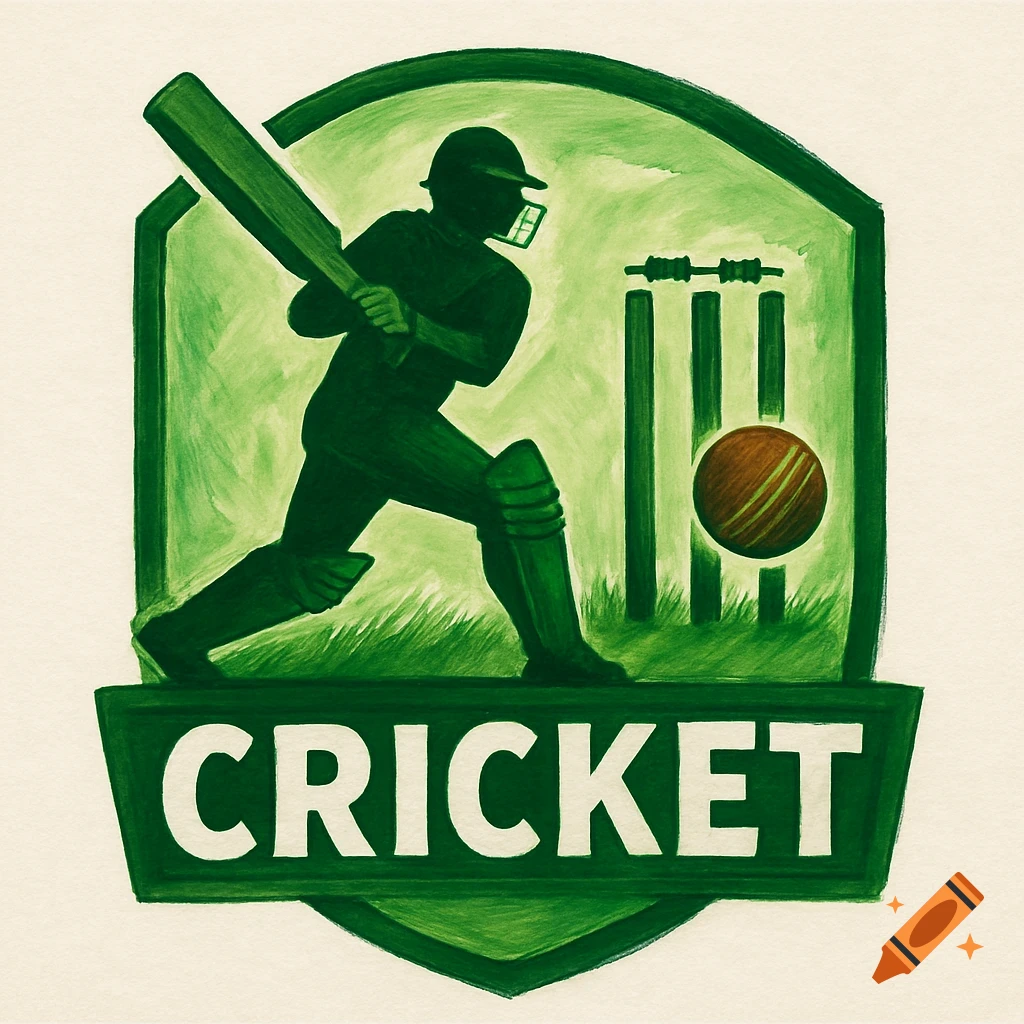 Green watercolor style logo of a cricket player batting, with wickets, ball, and the word CRICKET.