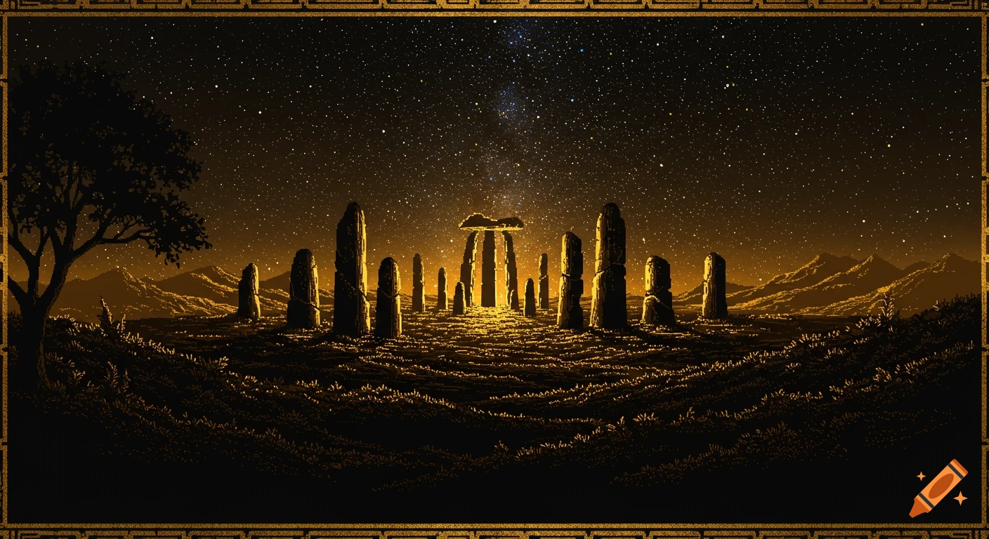 Pixel art landscape of megalithic ruins under a starry night sky with a golden border.