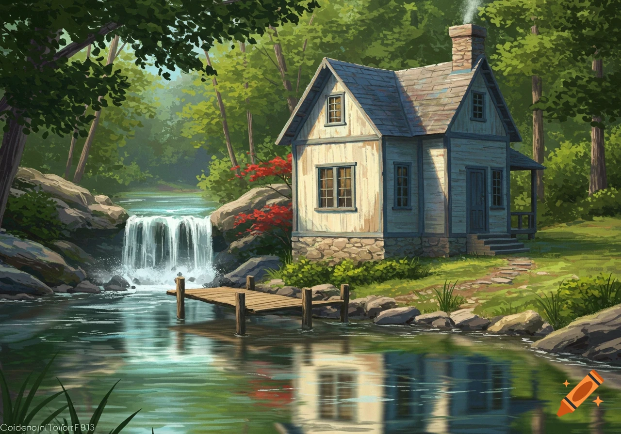 A charming cottage sits by a waterfall and dock in a sunny forest.