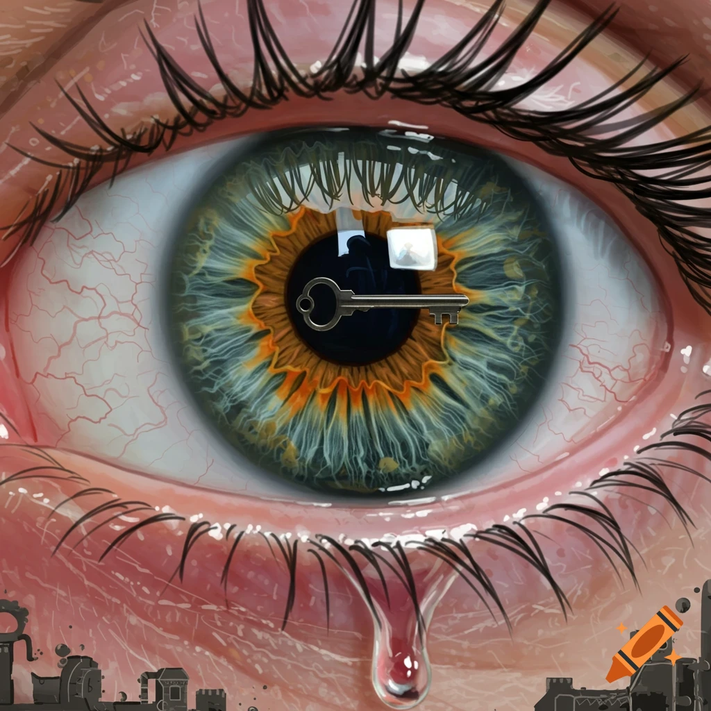 Close-up of a human eye with a melting iris. A key is reflected in the pupil, and a tear falls over a stylized city.