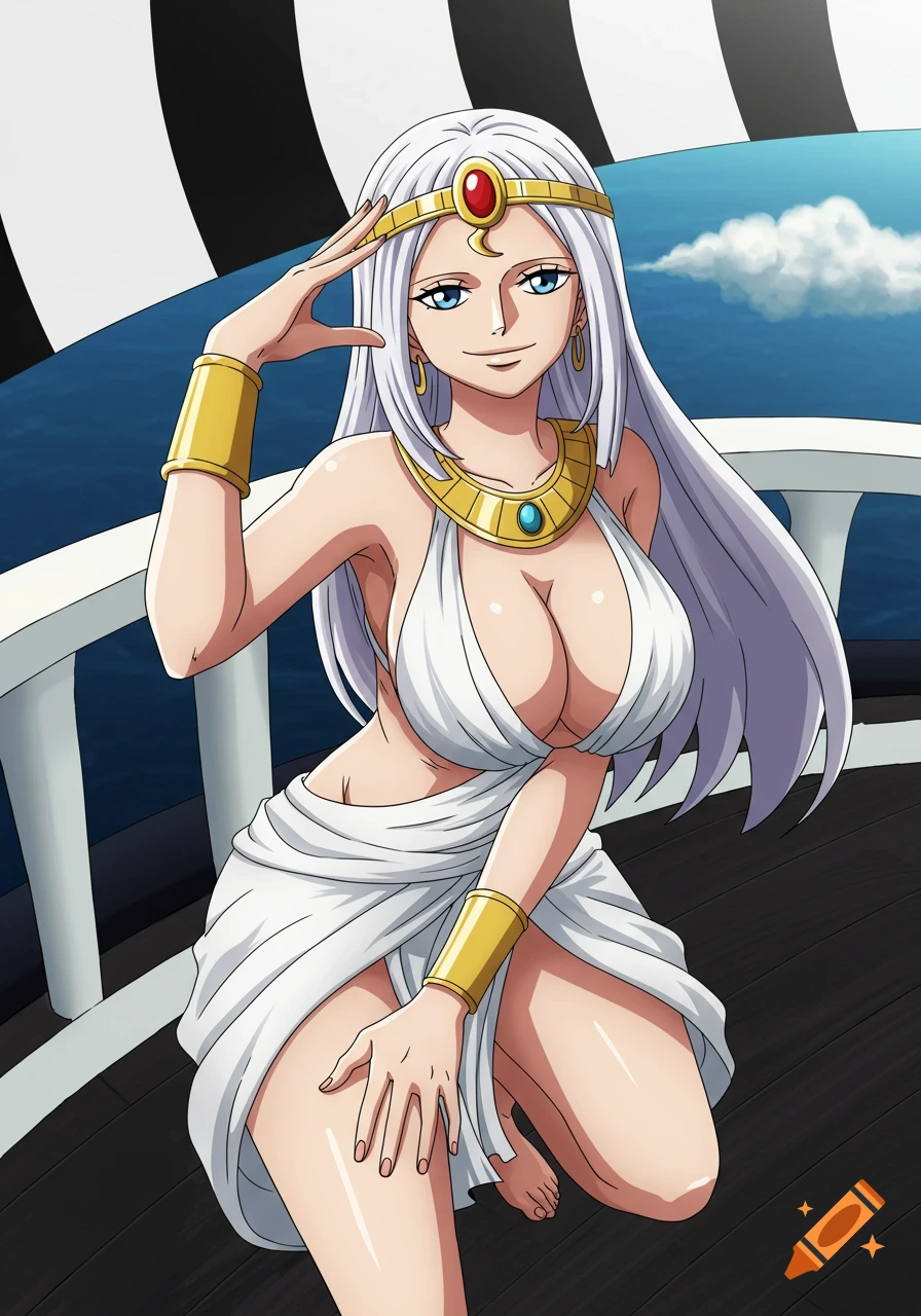Anime character with white hair in Egyptian-style outfit on a ship deck