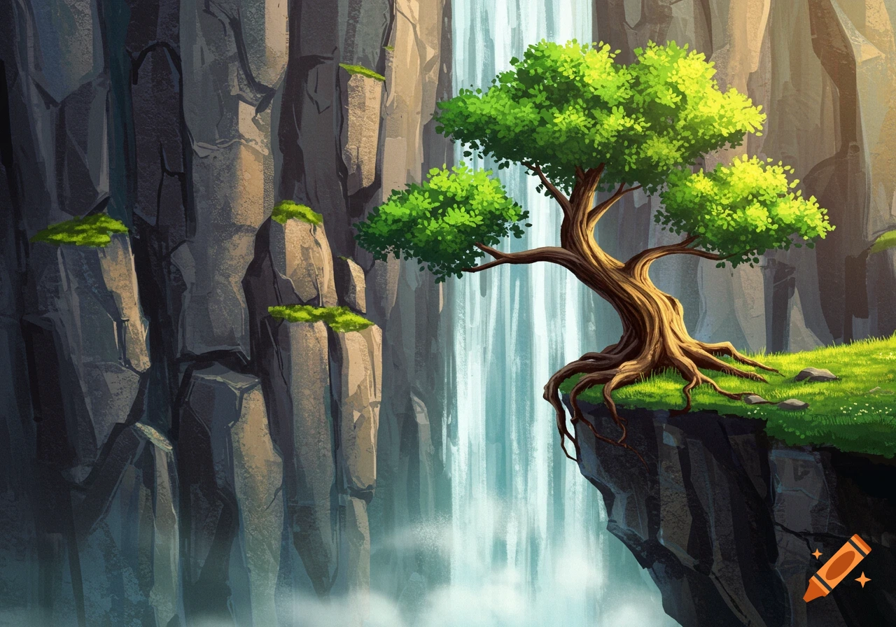 Painterly illustration of a tree on a cliff edge next to a waterfall