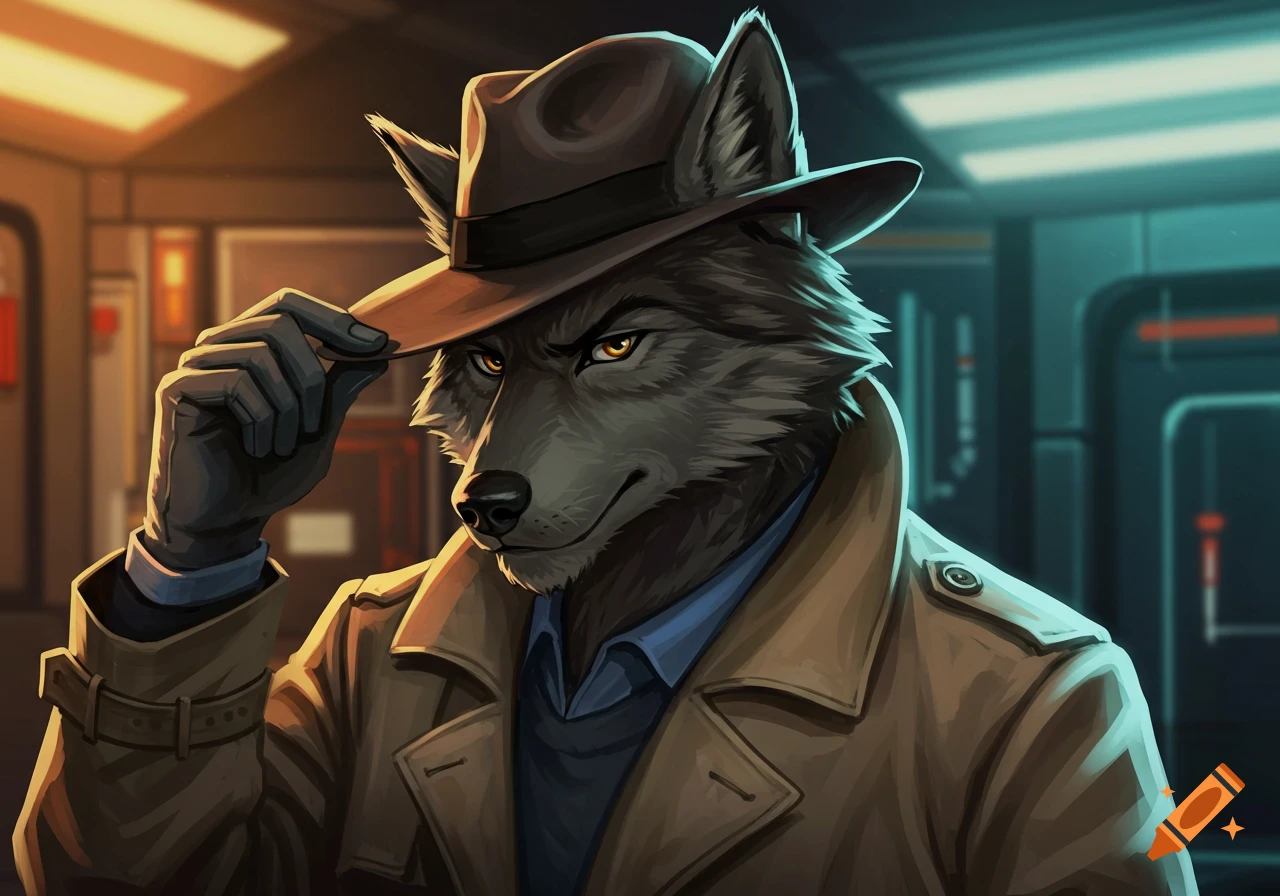 Illustration of an anthropomorphic wolf in a trench coat and fedora, tipping his hat.
