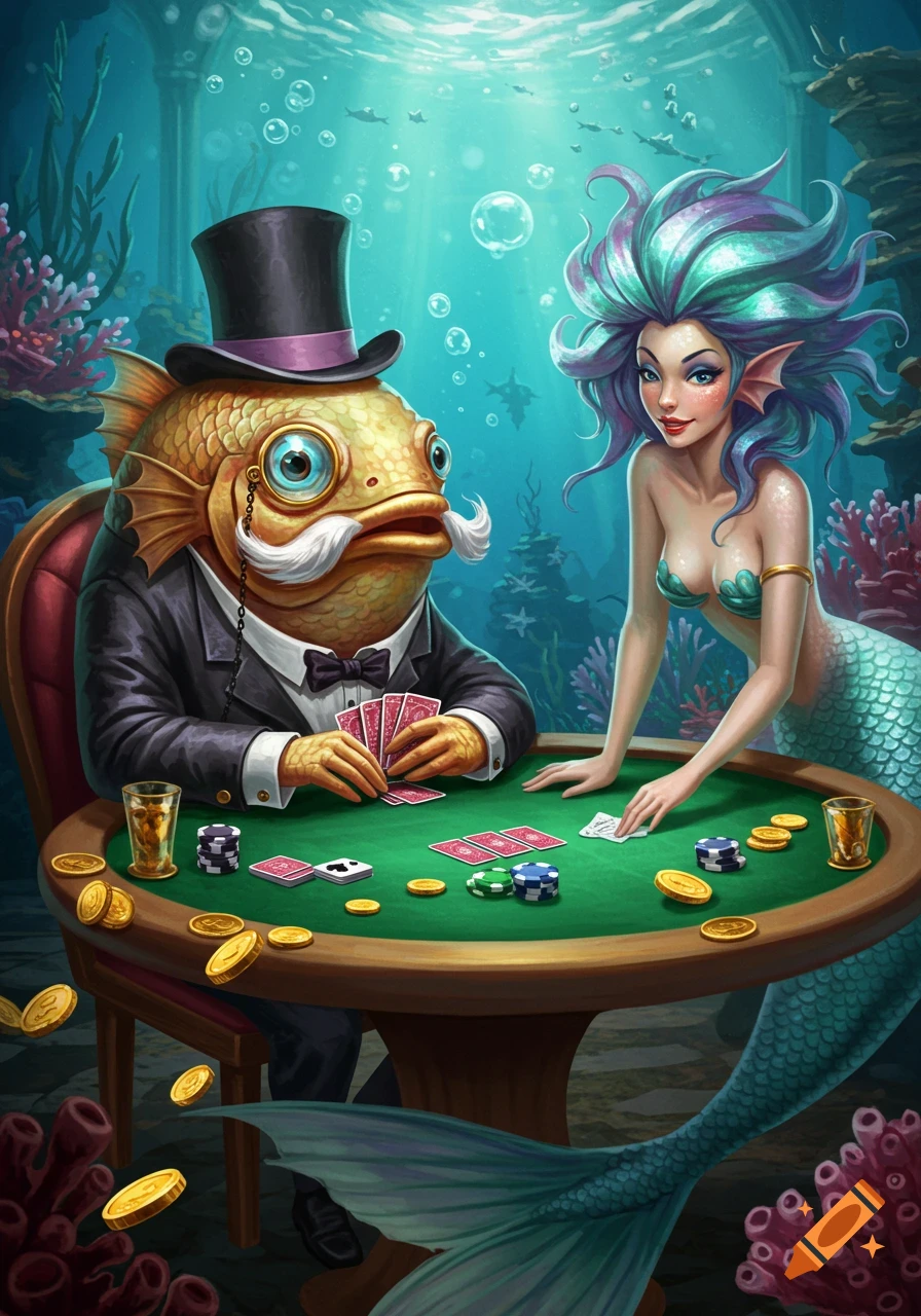 A fish in a top hat and monocle plays poker with a mermaid underwater