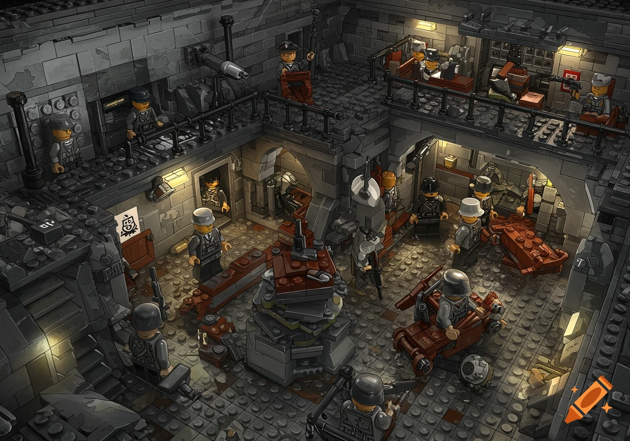 A detailed Lego diorama shows a bunker interior with multiple soldier minifigures.