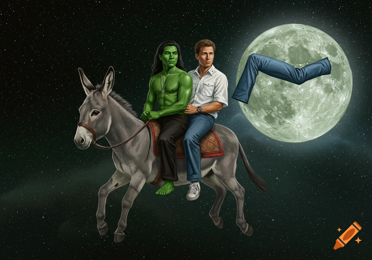 Two men, one green-skinned, ride a donkey through space towards a moon ...