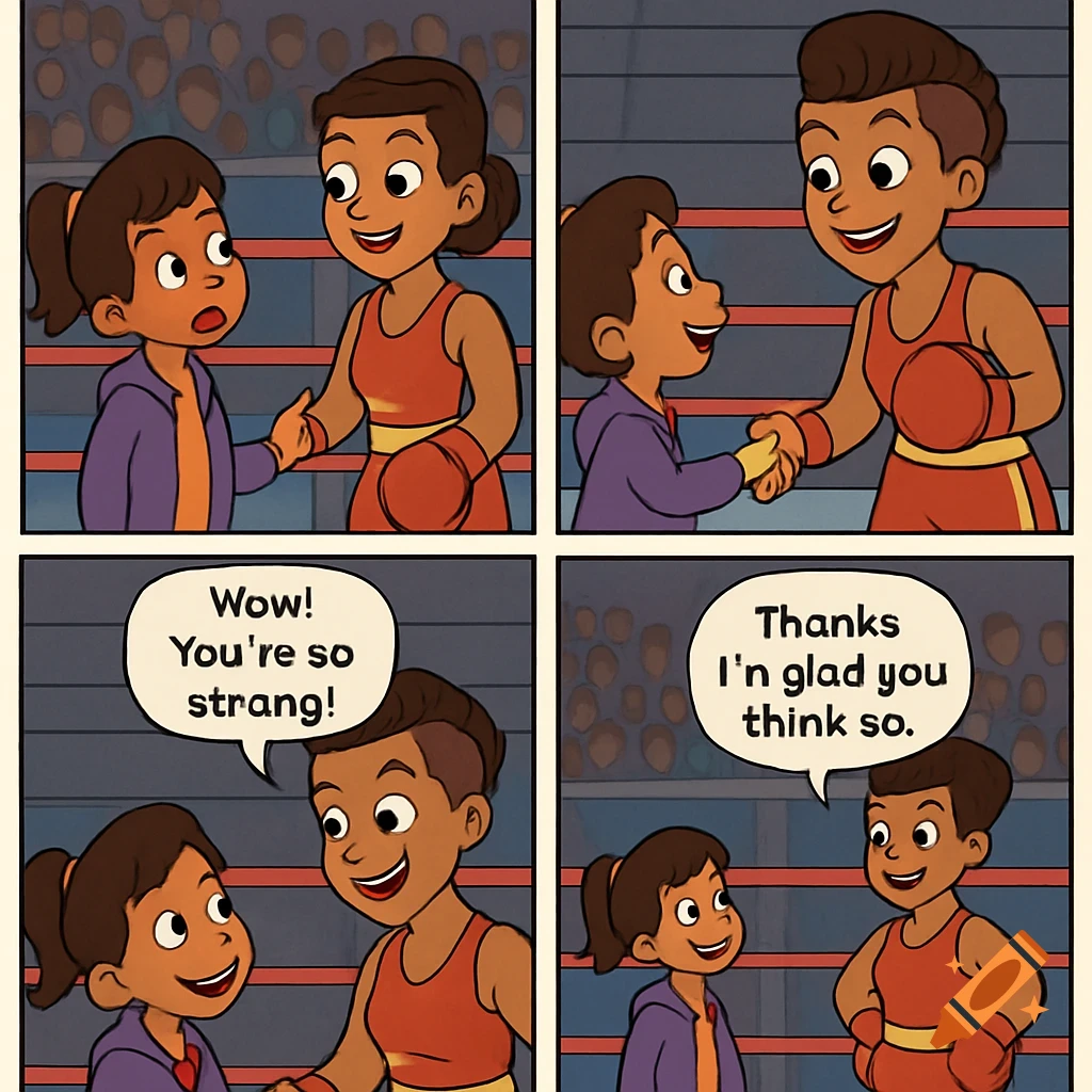 Cartoon comic strip panels show a young girl meeting and talking to a female boxer in a ring.