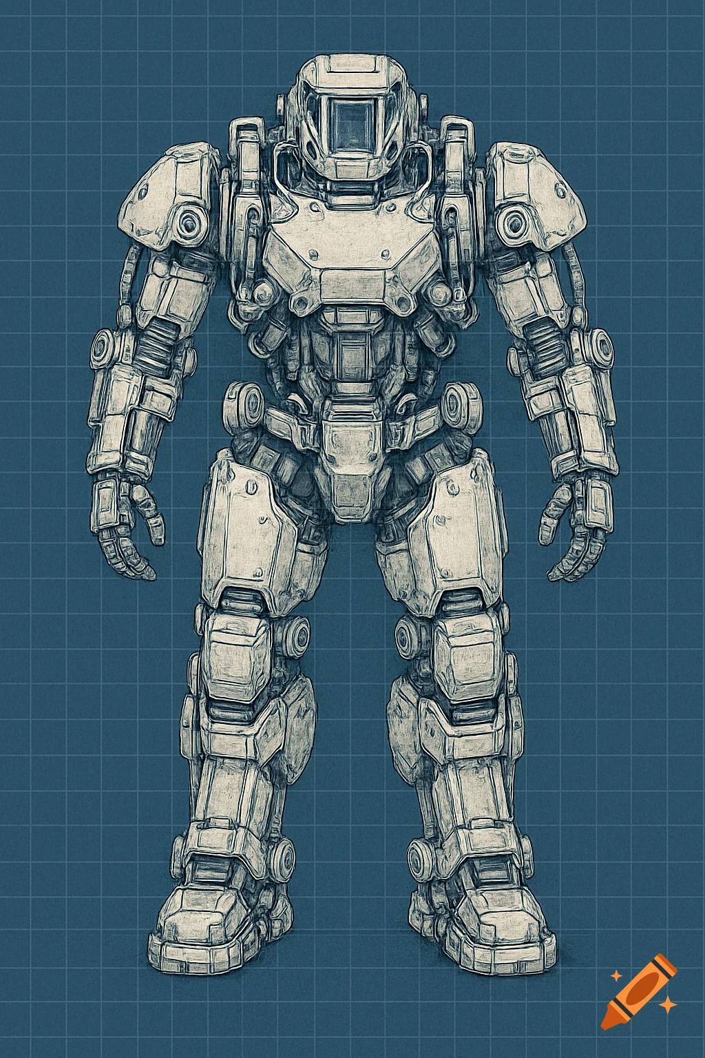 Blueprint drawing of a detailed robot suit.