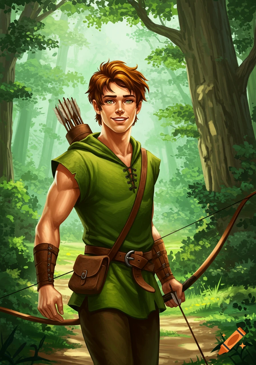 Young man dressed as an archer in a forest