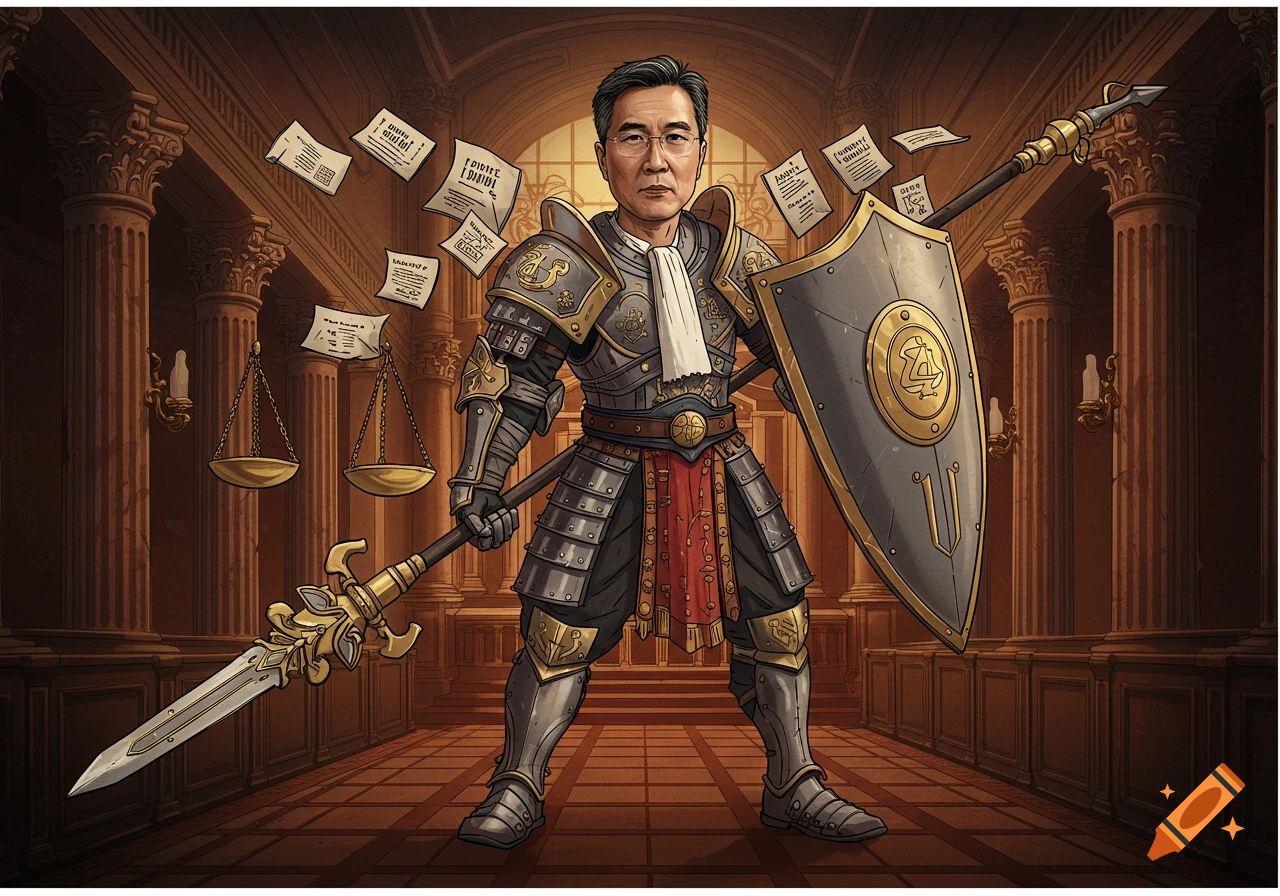 An illustration of a man in fantasy warrior armor in a courtroom holding a spear and shield, with scales and papers.