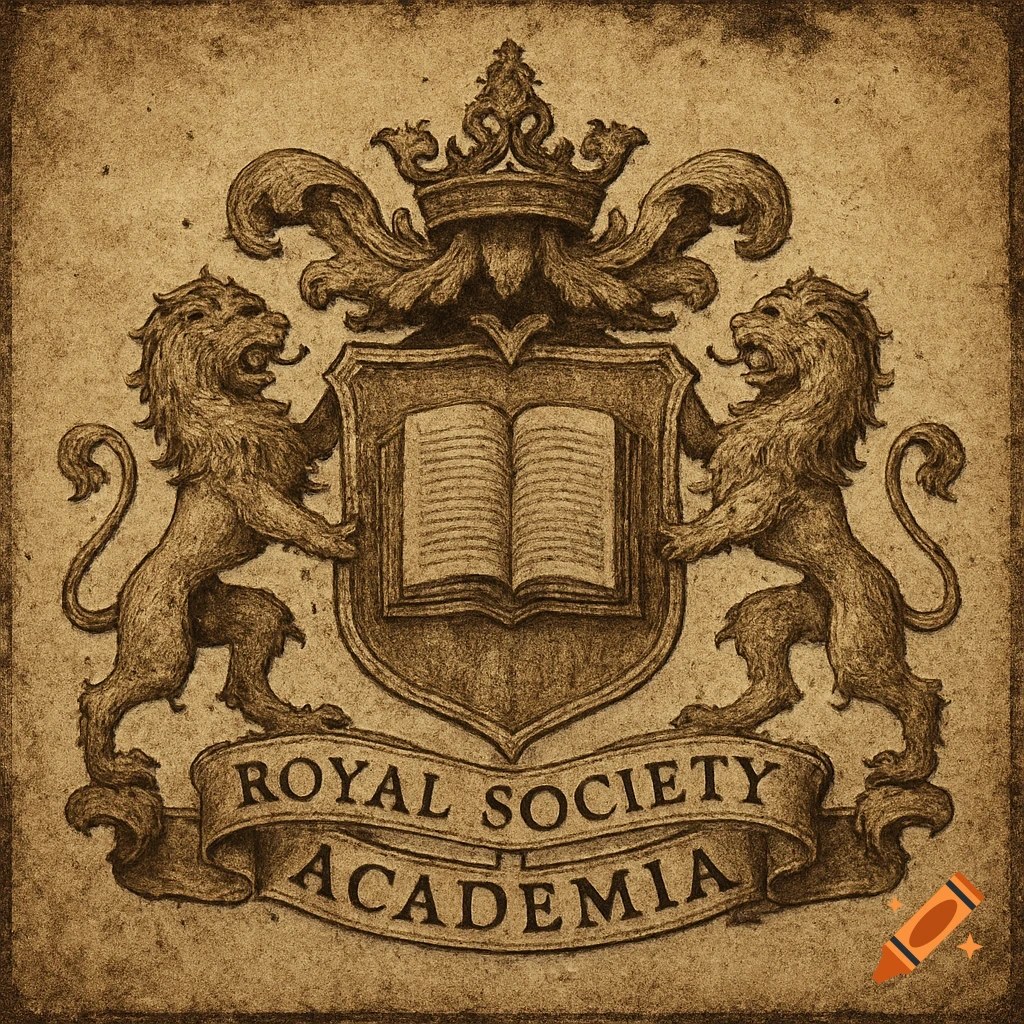 Vintage coat of arms with two lions, a shield, a book, a crown, and a banner reading 'Royal Society Academia'.
