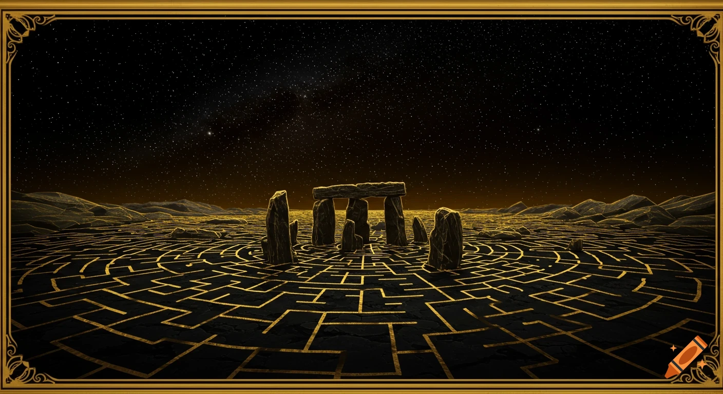 Golden lines form a labyrinth floor around ancient stones under a starry night sky, all within a golden frame.