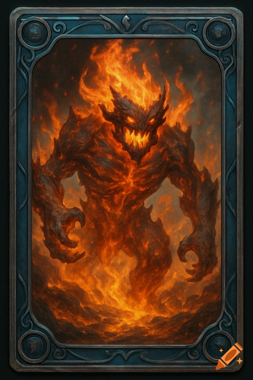 A monstrous fire creature on a trading card