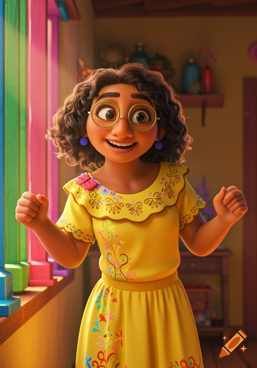 Animated character resembling Mirabel from Encanto smiling, wearing a yellow dress, standing by a colorful window.