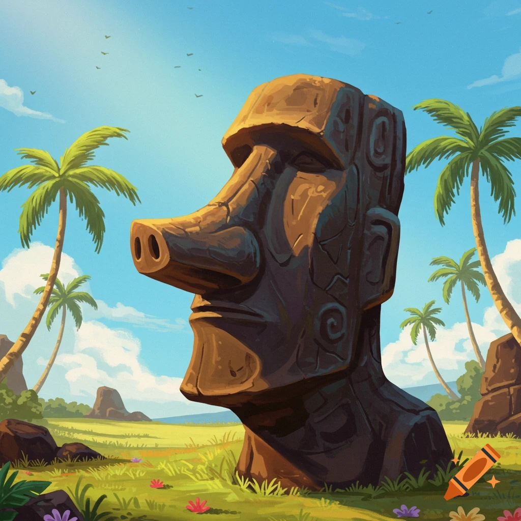 A large Moai statue with a pig nose stands in a sunny tropical landscape with palm trees.