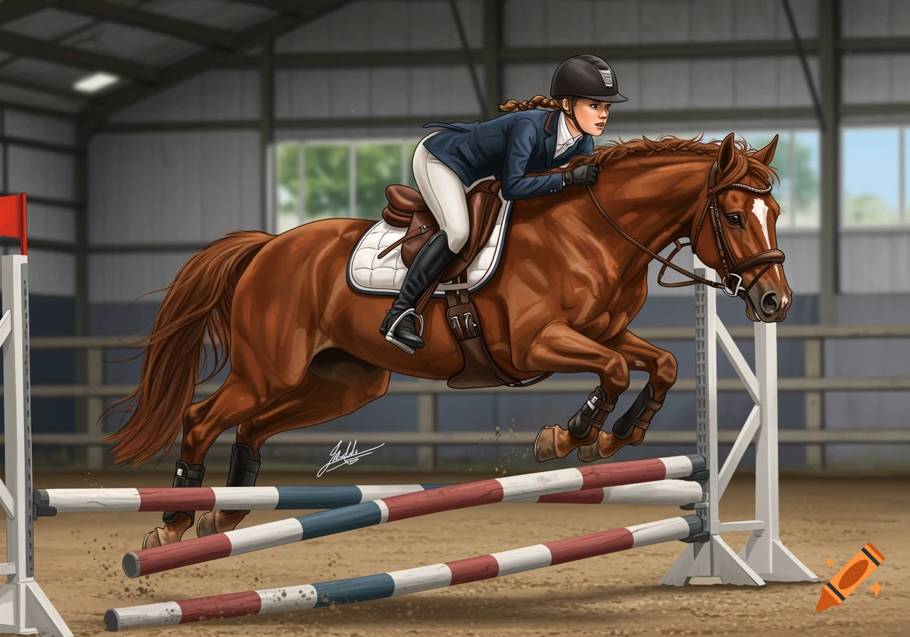 An illustration of a girl on a chestnut horse jumping over a fence in an indoor arena.