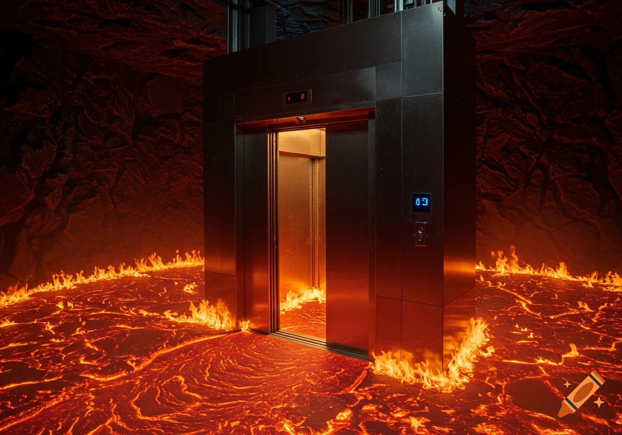 A detailed photograph of an elevator surrounded by lava and fire at the bottom of a volcano.