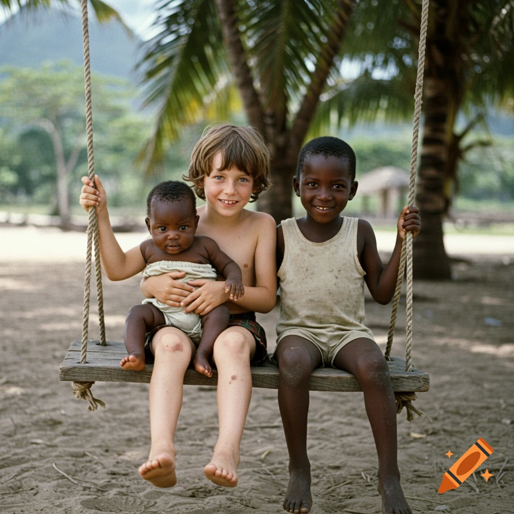 Three children, including a baby, sit together on a wooden swing tied to palm trees.