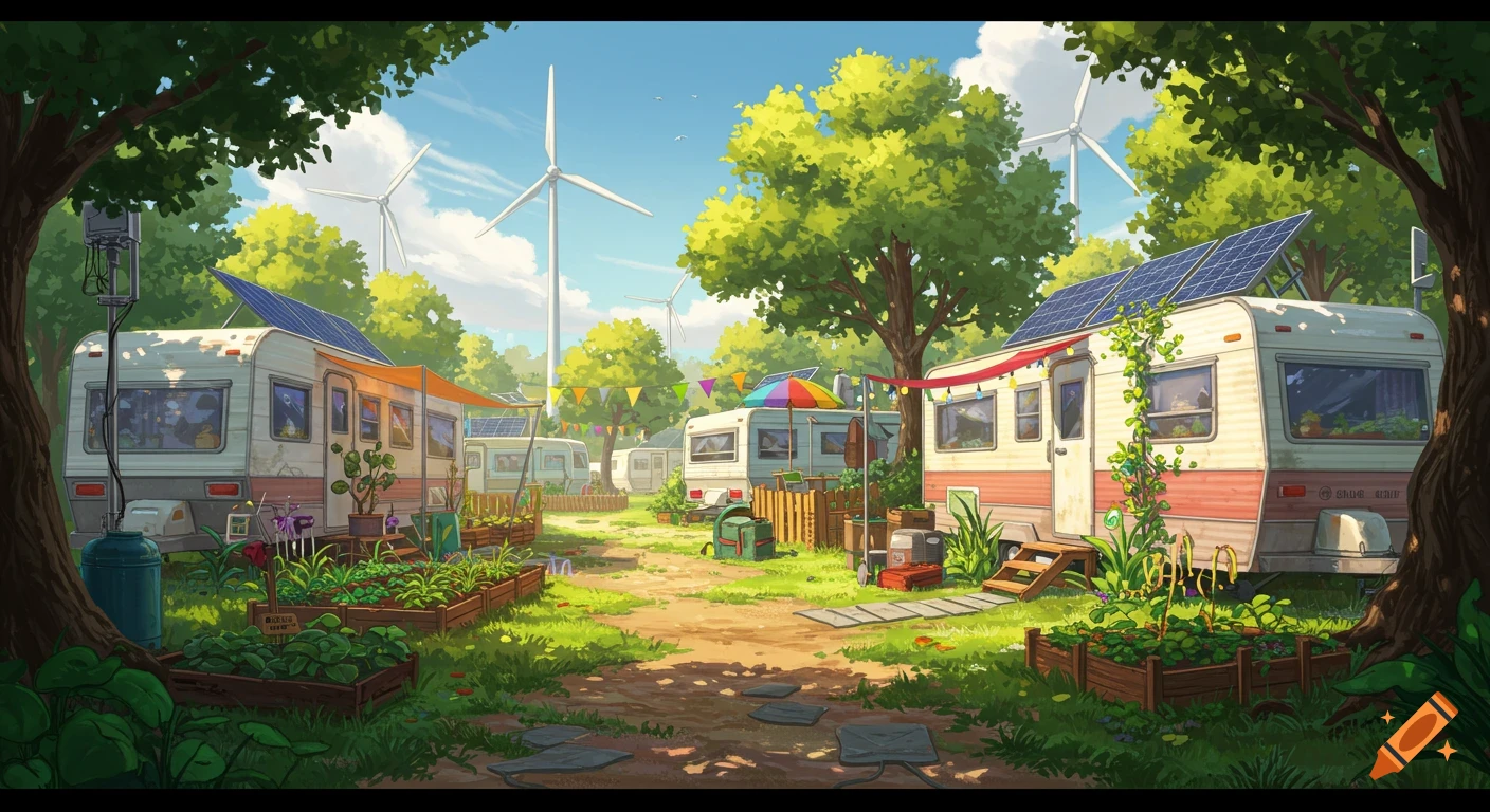 A solarpunk trailer park scene with campers, gardens, solar panels, and wind turbines under a blue sky.