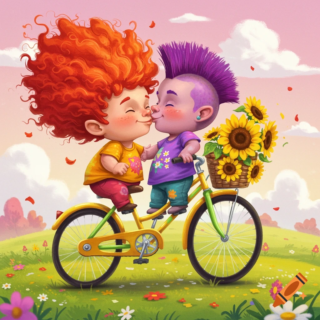 Two cartoon figures with colorful hair kiss while riding a tandem bicycle through a sunny, flower-filled field.