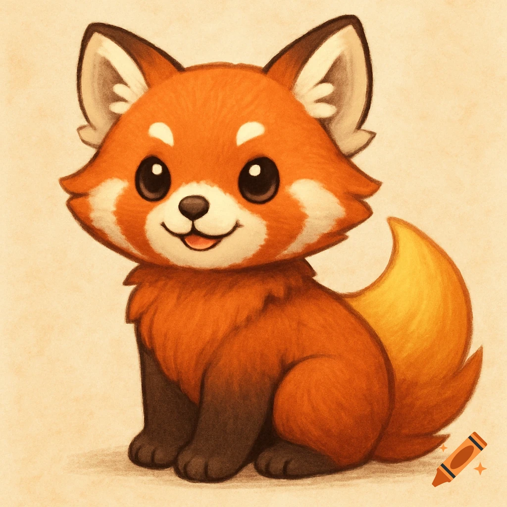 A cute cartoon red panda sits facing forward.