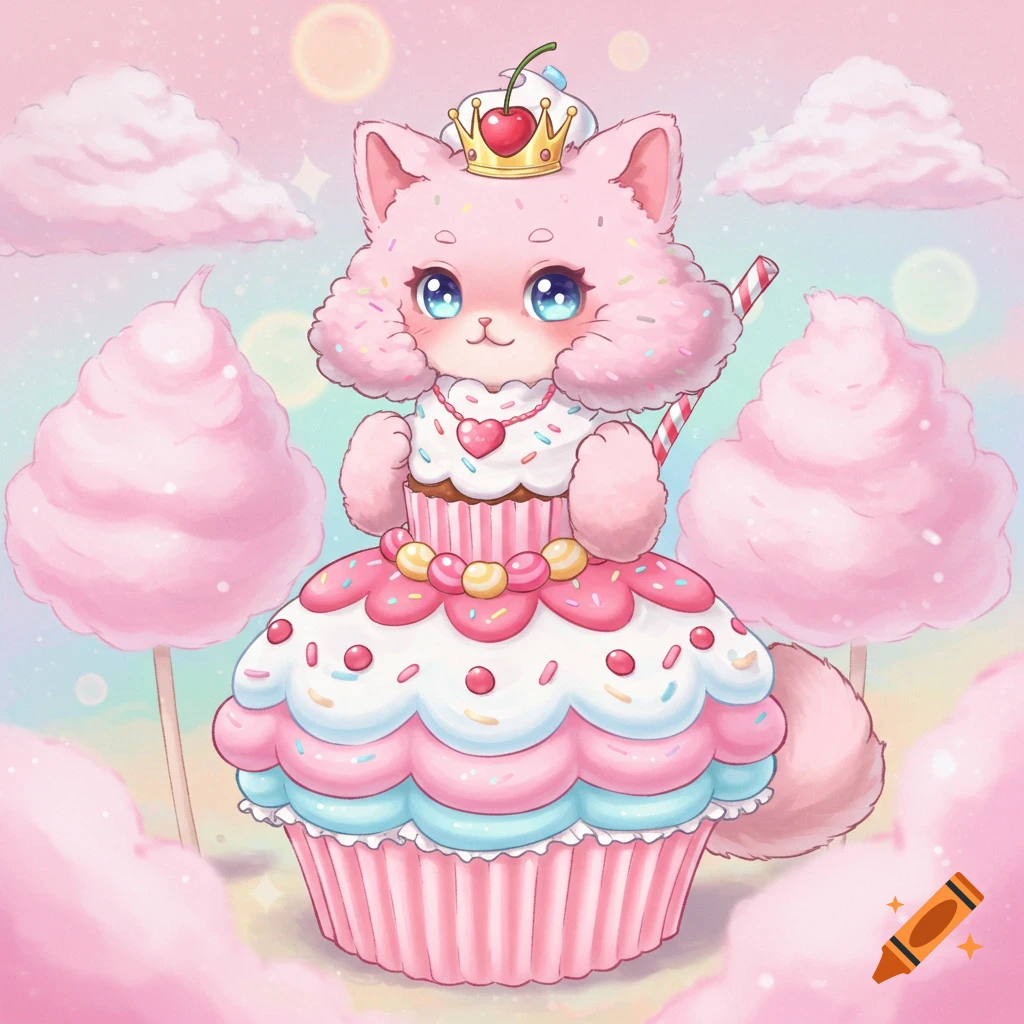 A cute pink anime cat wears a cupcake dress and crown, standing among cotton candy trees in a pastel scene.