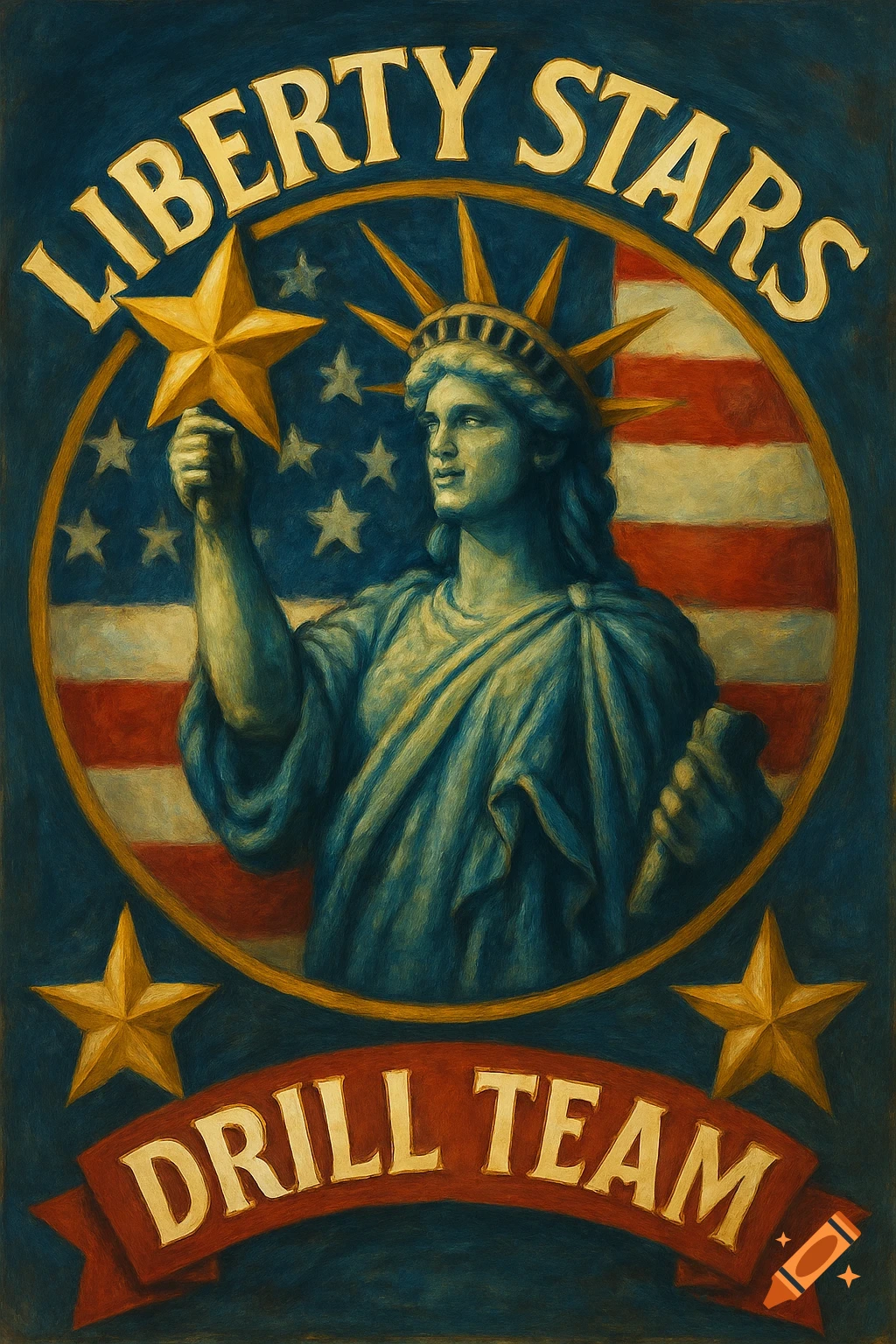 Vintage painterly logo featuring Statue of Liberty and American flag with text "LIBERTY STARS DRILL TEAM".