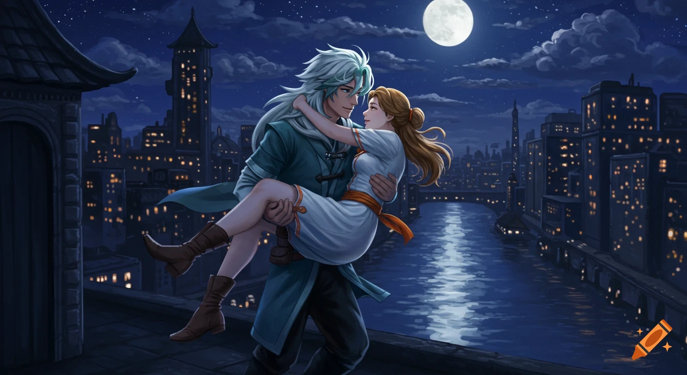 Anime illustration of a man carrying a woman on a rooftop overlooking a city under a full moon.