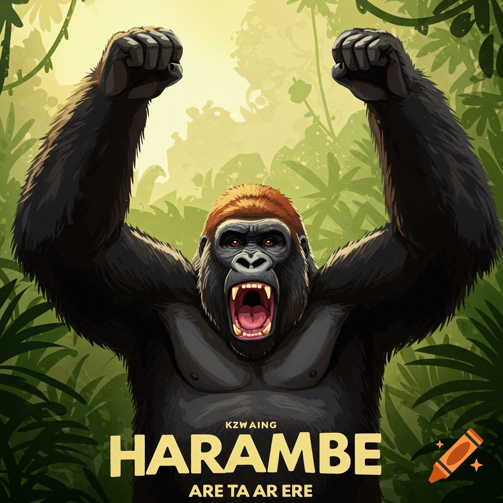 A stylized illustration of a gorilla roaring and raising its arms in a jungle setting, with text below.