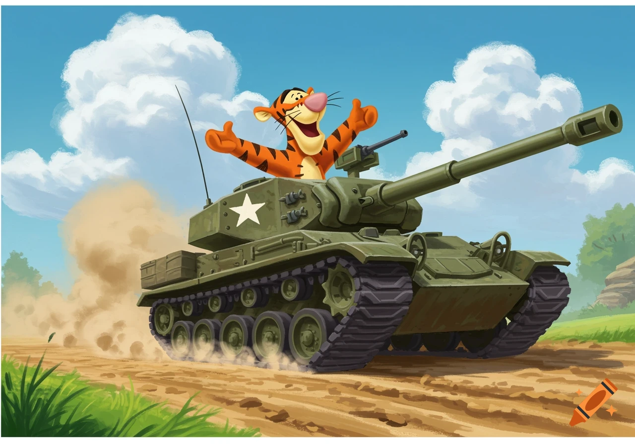 Cartoon illustration of Tigger from Winnie the Pooh driving a tank