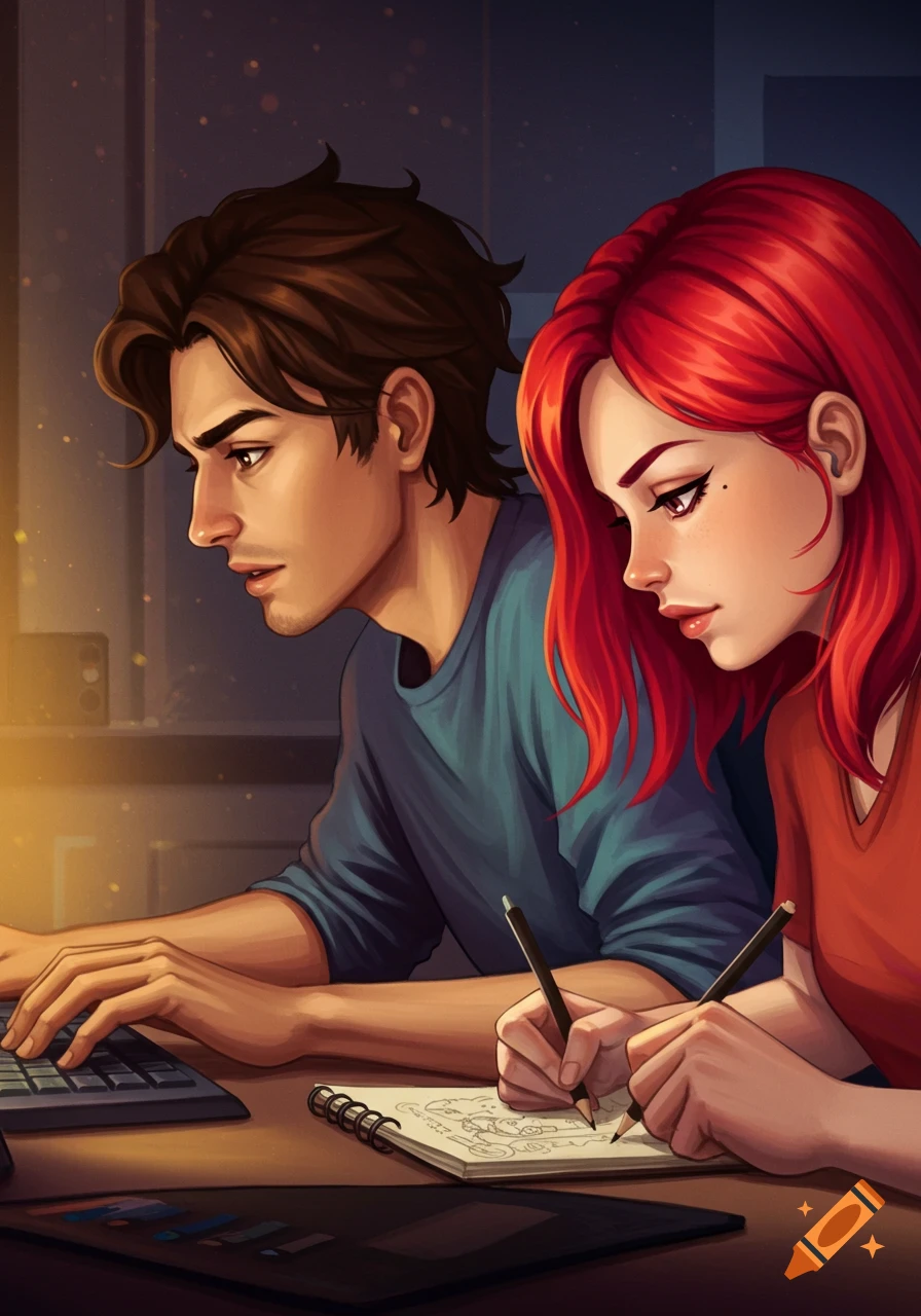 Illustration of a man on a computer and a woman drawing in a notebook
