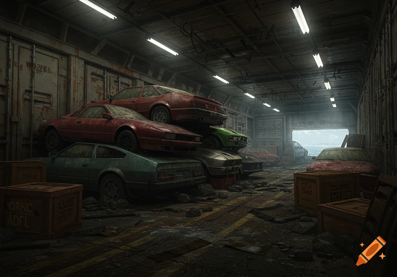 Abandoned sports cars are stacked inside a derelict cargo ship interior, with crates and debris scattered on the floor.