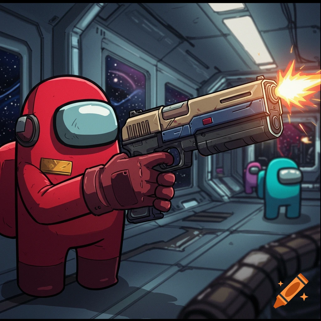 Red Among Us character holds a futuristic gun in a spaceship hallway with other crewmates in the background.
