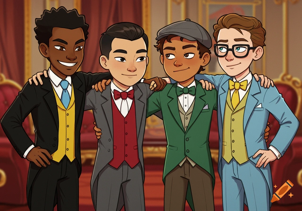 Four cartoon boys in formal wear stand together in an ornate room.
