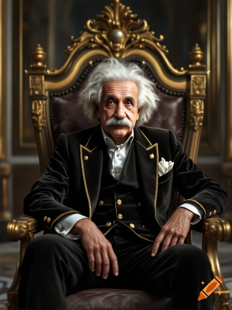 Hyper-realistic portrait of Albert Einstein in a gold-trimmed velvet suit sitting on a gold throne.