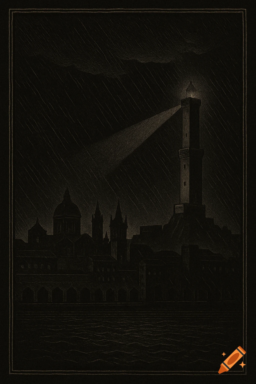 Gothic drawing of a rainy night cityscape with a lighthouse beam