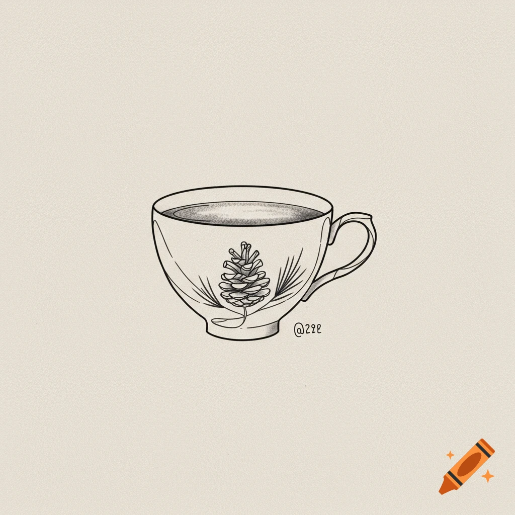 Fine line drawing of a teacup with a pine cone design.
