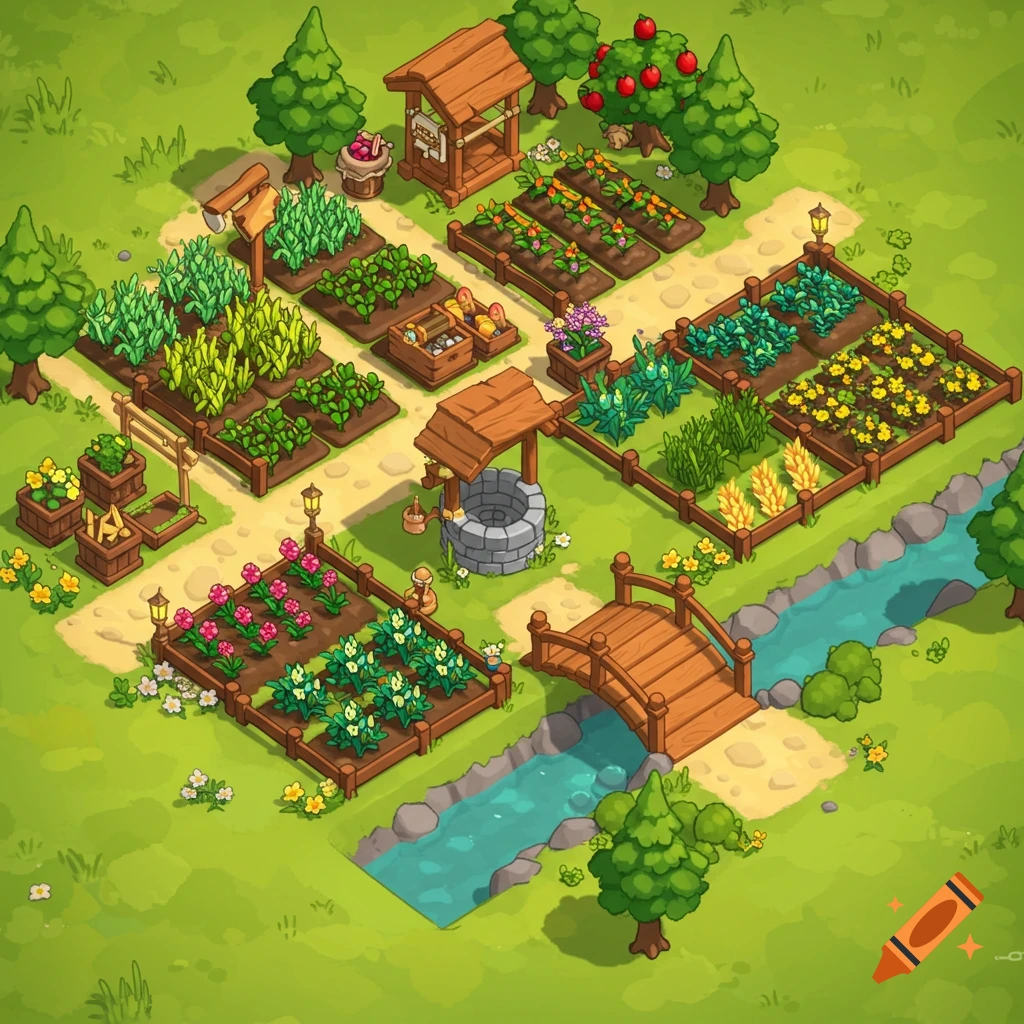 Isometric cartoon farm garden with crops, well, bridge, and trees.