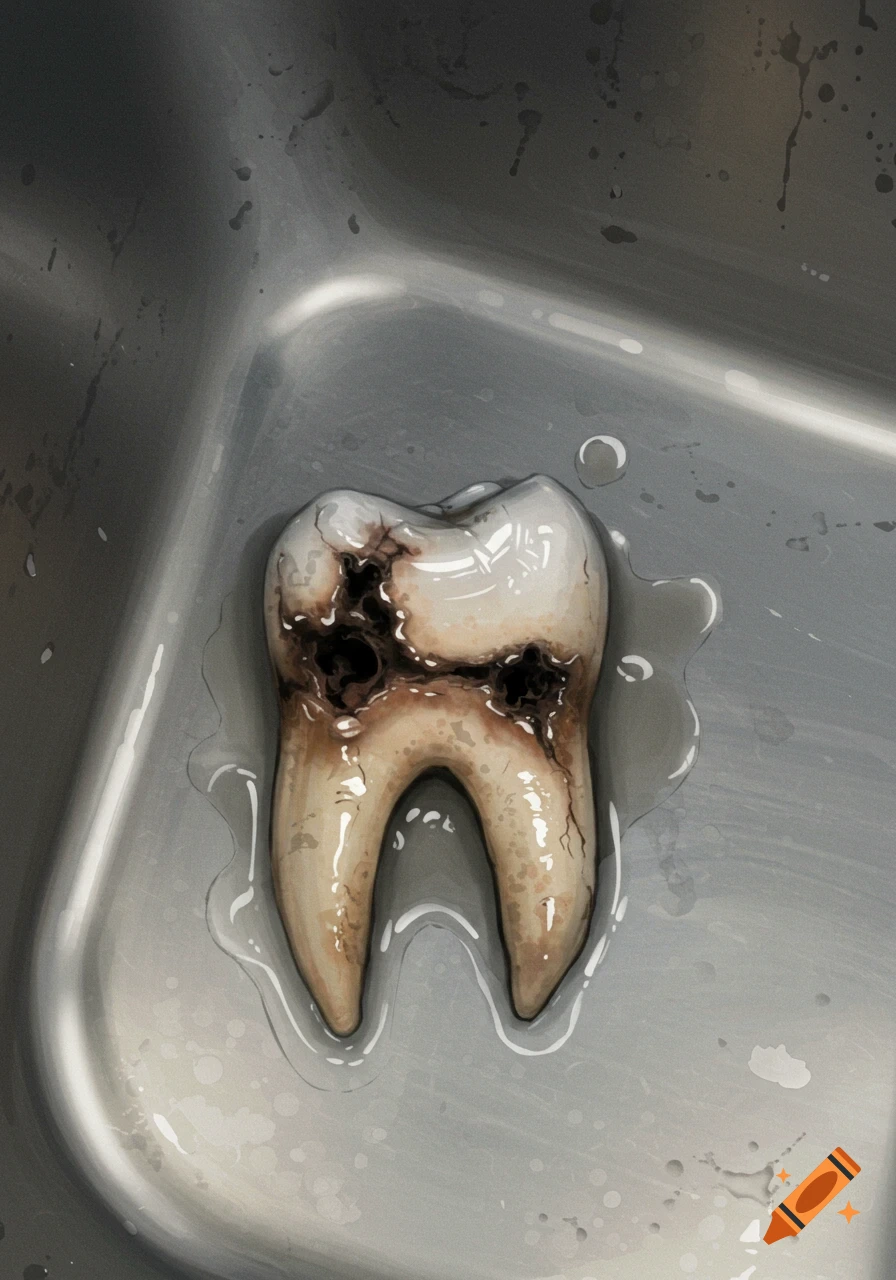 A detailed illustration of a decaying tooth lying in a metal sink.